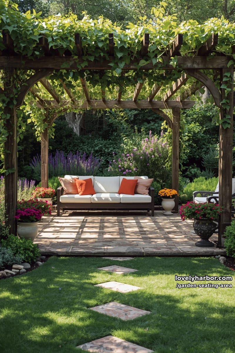 pergola patio with vines, colorful flowers, white sofa, orange pillows, and stepping stones 1