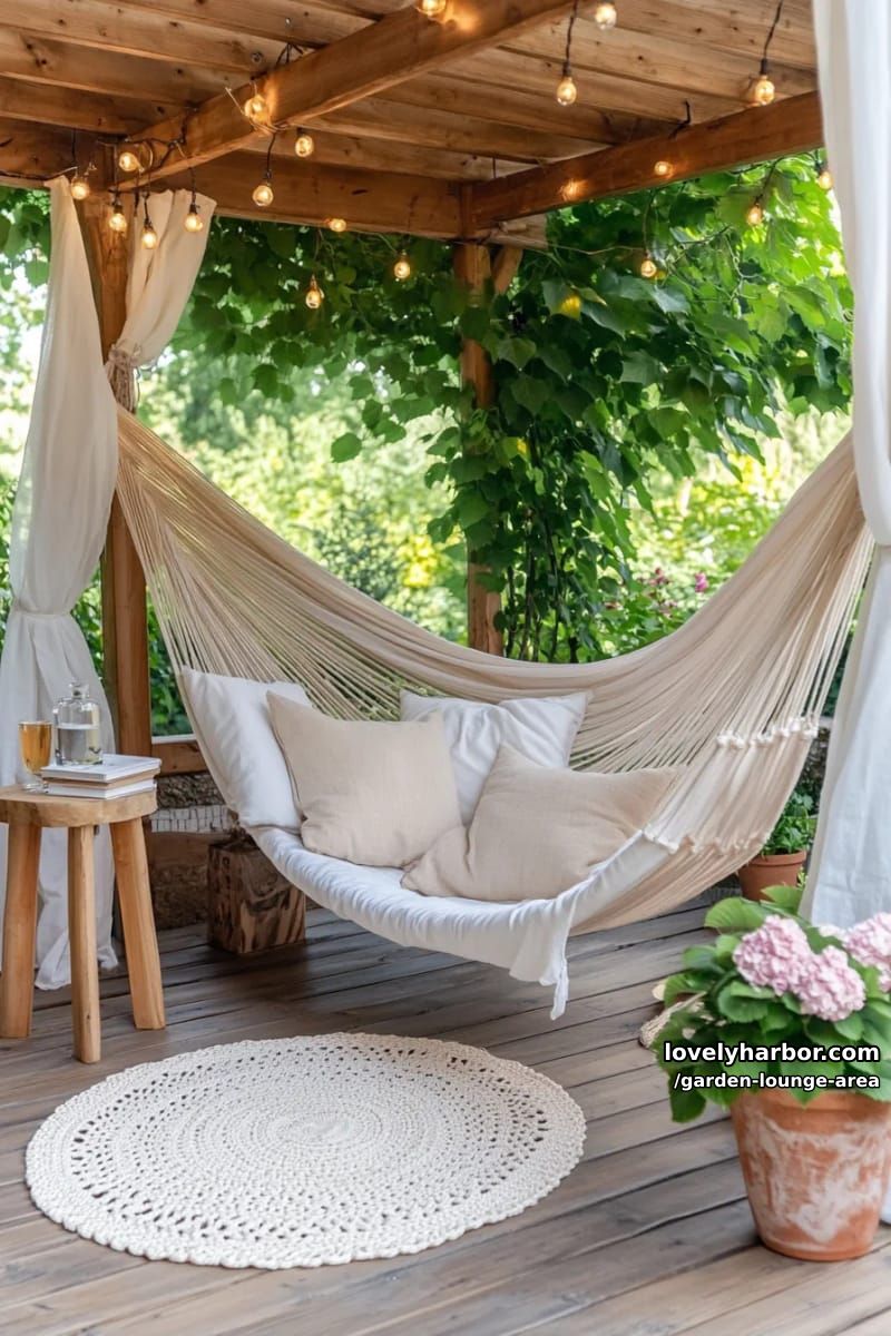 pergola room with hammock chair, string lights, and crocheted rug 1
