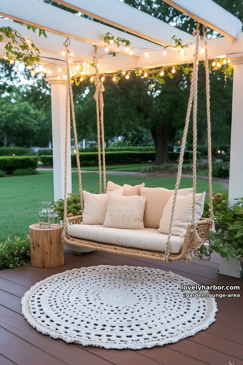 pergola room with hammock chair, string lights, and crocheted rug 1