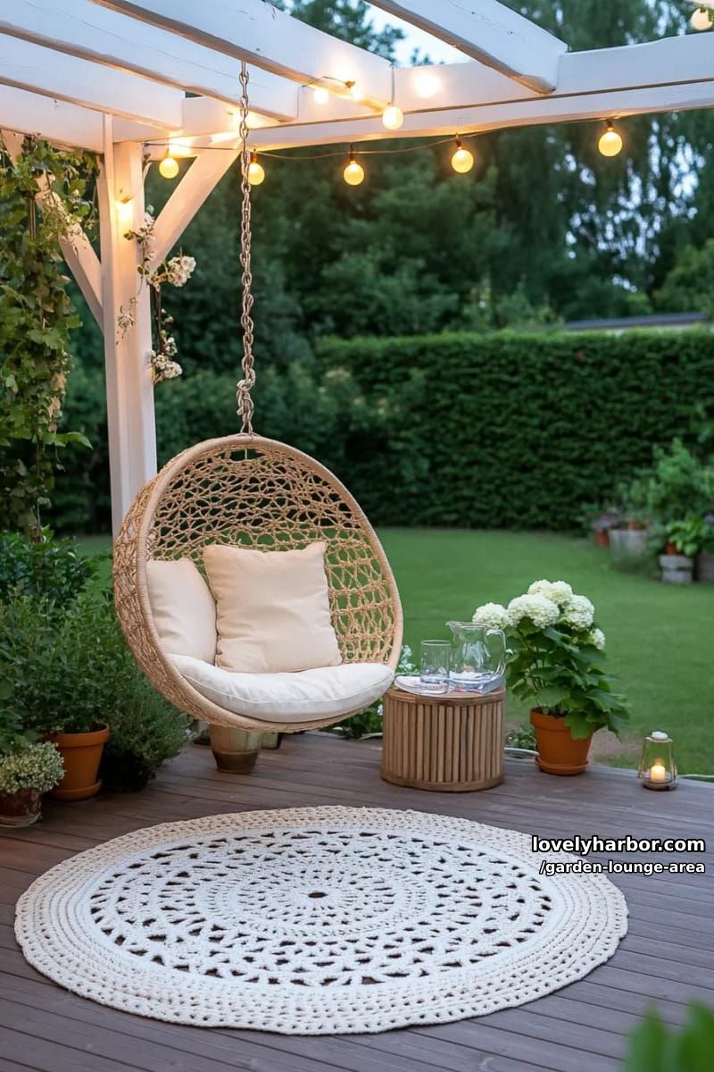 pergola room with hammock chair, string lights, and crocheted rug 1