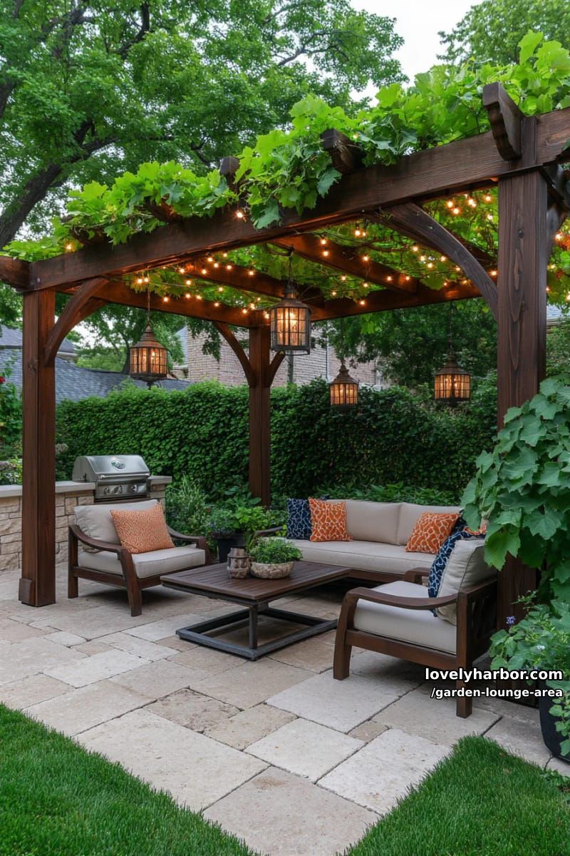 pergola with dense vines, cushioned seating, and lanterns at dusk 1