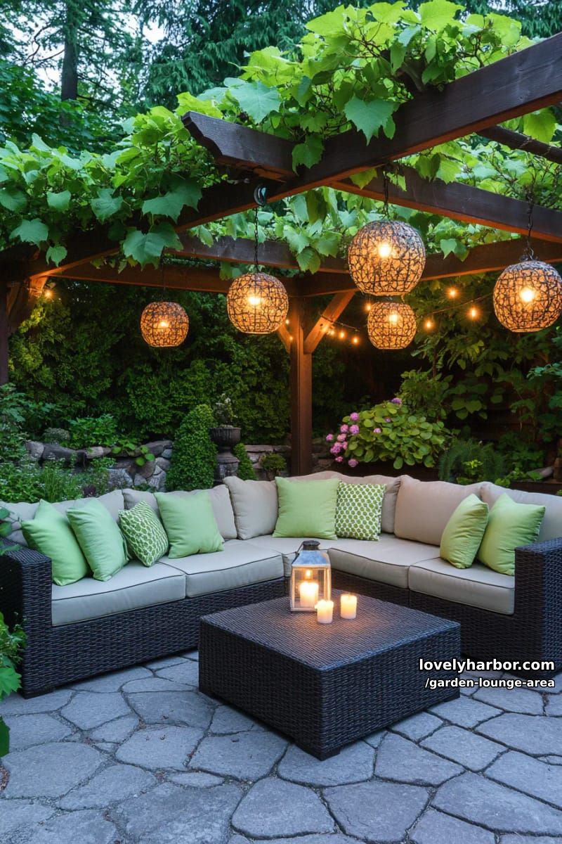 pergola with dense vines, cushioned seating, and lanterns at dusk 1