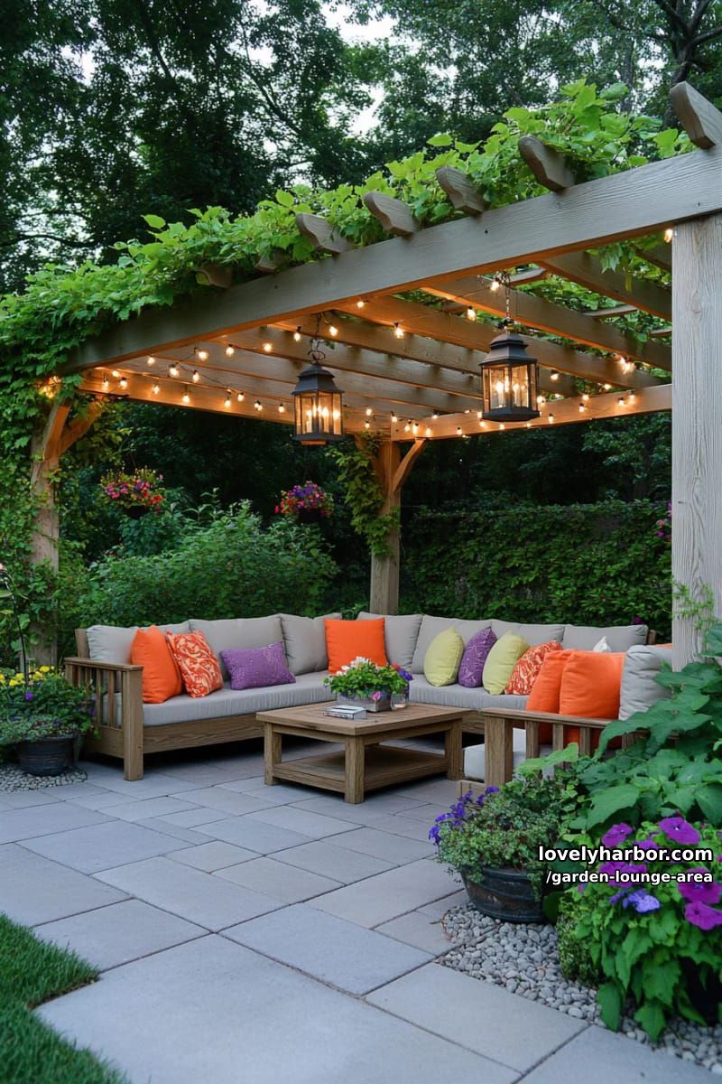 pergola with dense vines, cushioned seating, and lanterns at dusk 1