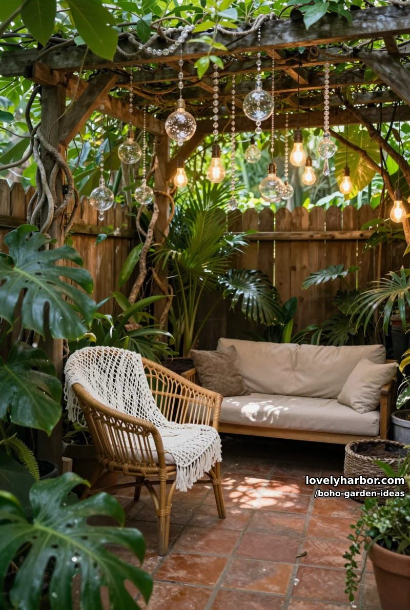 pergola with hanging crystals, rattan seating, and tropical plants in garden nook. 1