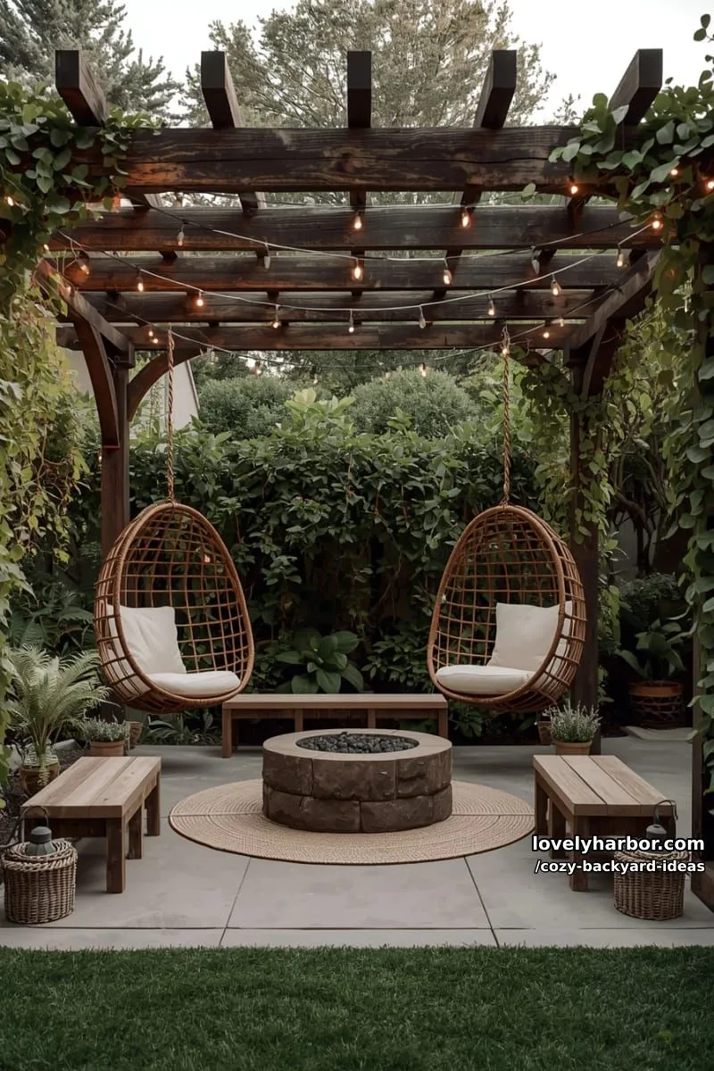 20 Cozy Backyard Ideas You Must Try 12 pergola with string lights, egg chairs, fire pit, and lush greenery 1