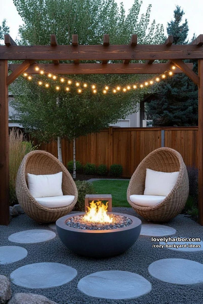 pergola with string lights, egg chairs, fire pit, and lush greenery 1