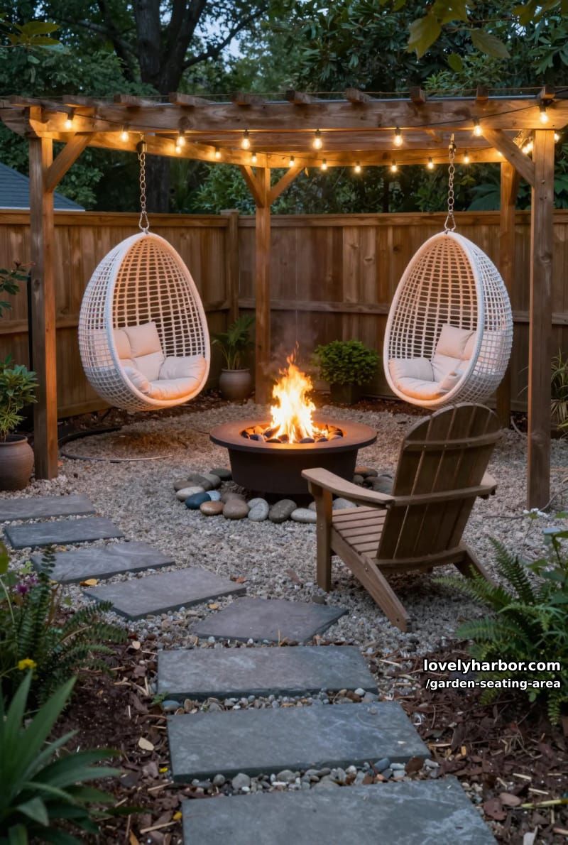 pergola with string lights, hanging chairs, fire pit, gravel, and trees 1