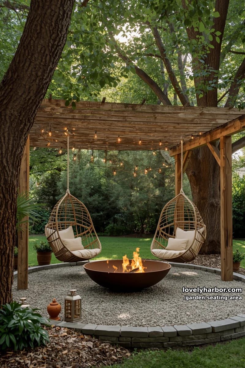 pergola with string lights, hanging chairs, fire pit, gravel, and trees 1