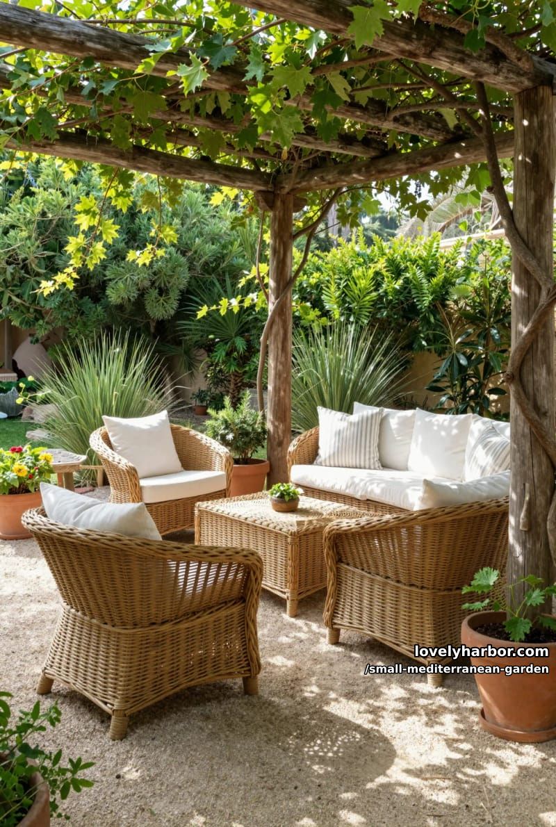 pergola with vines, wicker seating, gravel, and lush green foliage. 1