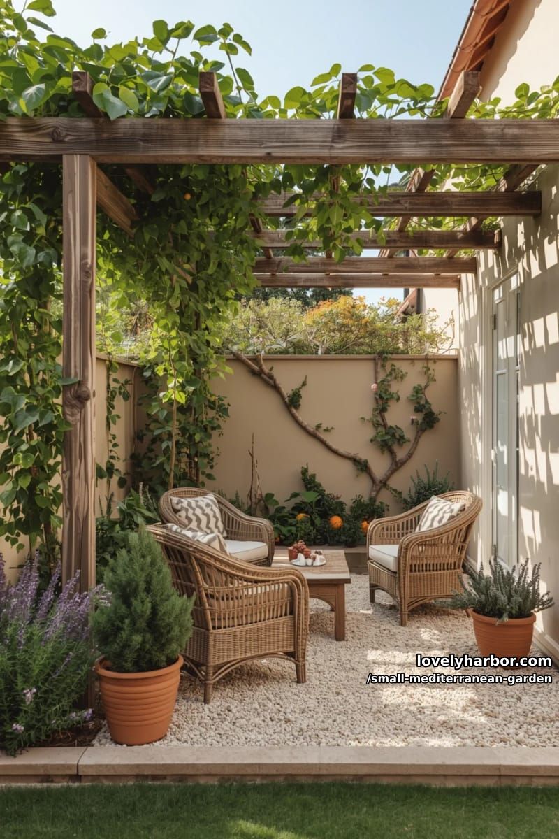 pergola with vines, wicker seating, gravel, and lush green foliage. 1