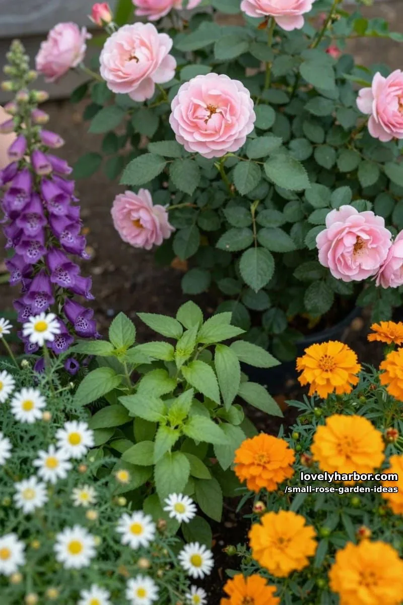 20 Chic Small Rose Garden Ideas for a Refreshing Outdoor Space 41 pink rose, foxglove, daisies, oregano, and marigolds. 1