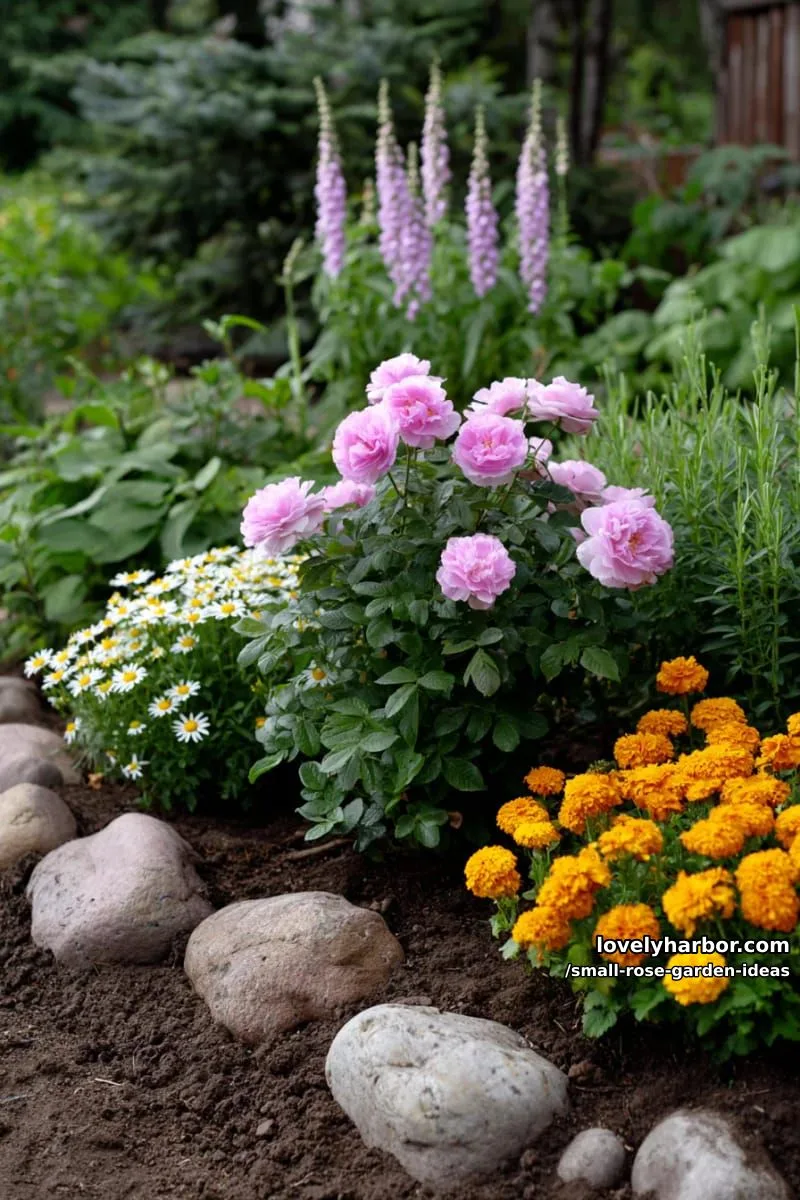 20 Chic Small Rose Garden Ideas for a Refreshing Outdoor Space 42 pink rose, foxglove, daisies, oregano, and marigolds. 1