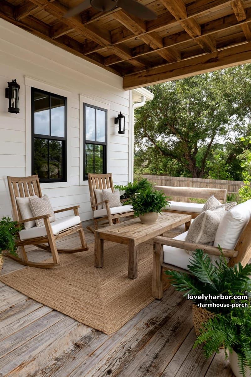 porch with exposed beams, rocking chairs, bench, ferns, and fenced backyard view. 1