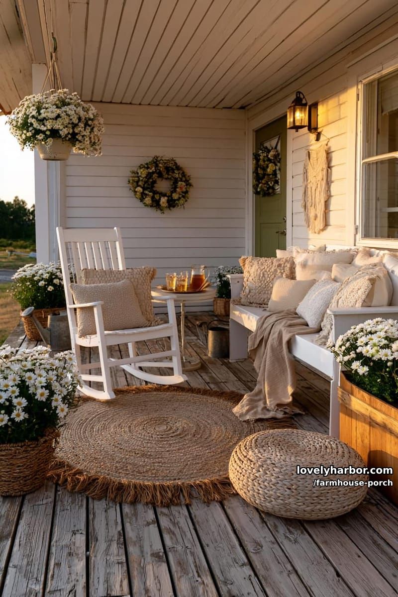 porch with green door, rocking chair, bench, jute rug, daisies, and basket planter. 1