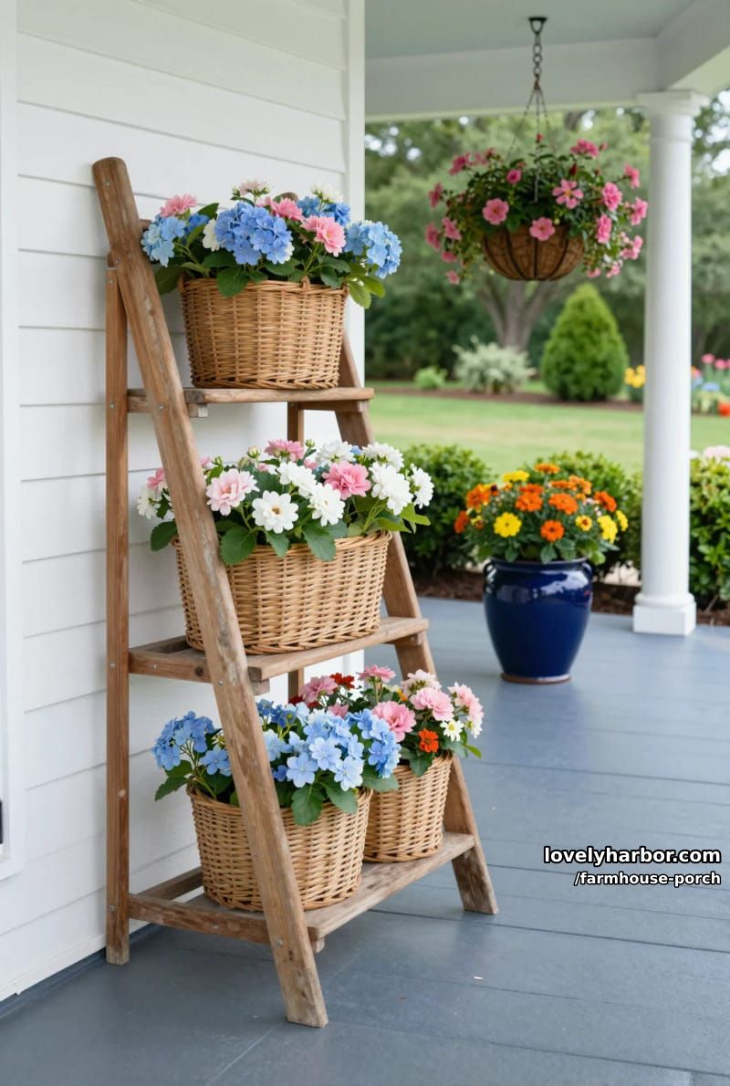porch with ladder shelf, wicker baskets of flowers, blue floor, and hanging basket. 1