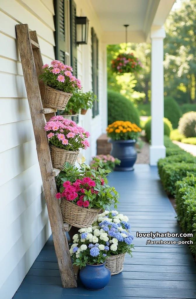 porch with ladder shelf, wicker baskets of flowers, blue floor, and hanging basket. 1
