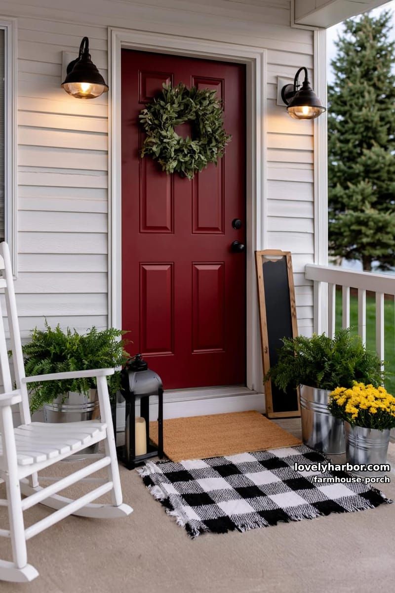 porch with red door, plaid rug, rocking chair, lanterns, and metal planters. 1