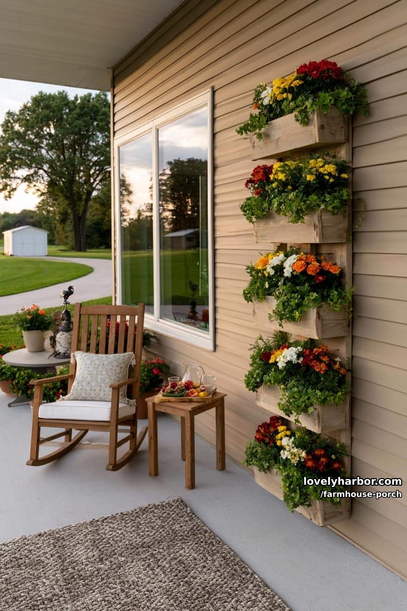 porch with rocking chair, vertical planter, fruit tray, and colorful flower boxes. 1