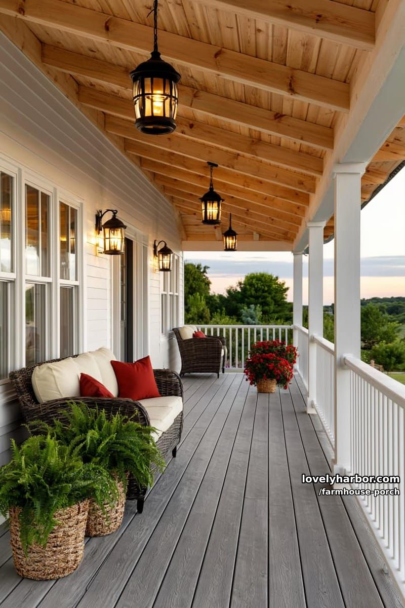 porch with slanted ceiling, lanterns, wicker sofa, red pillows, and greenery. 1