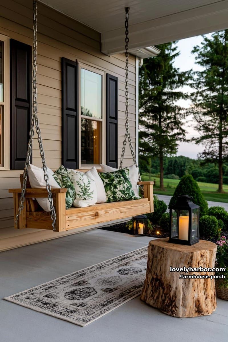 porch with swing, botanical pillows, tree stump table, lanterns, and manicured shrubs. 1