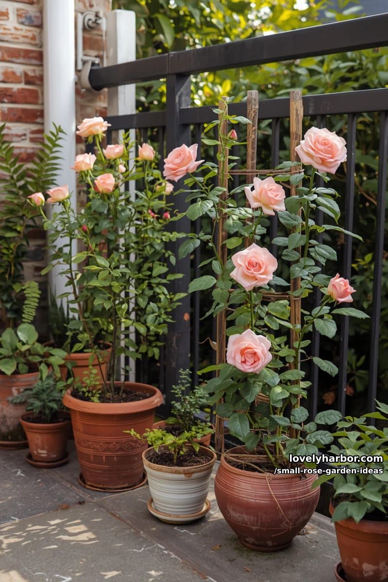 potted rose plants arranged outdoors on patios and terraces. 1