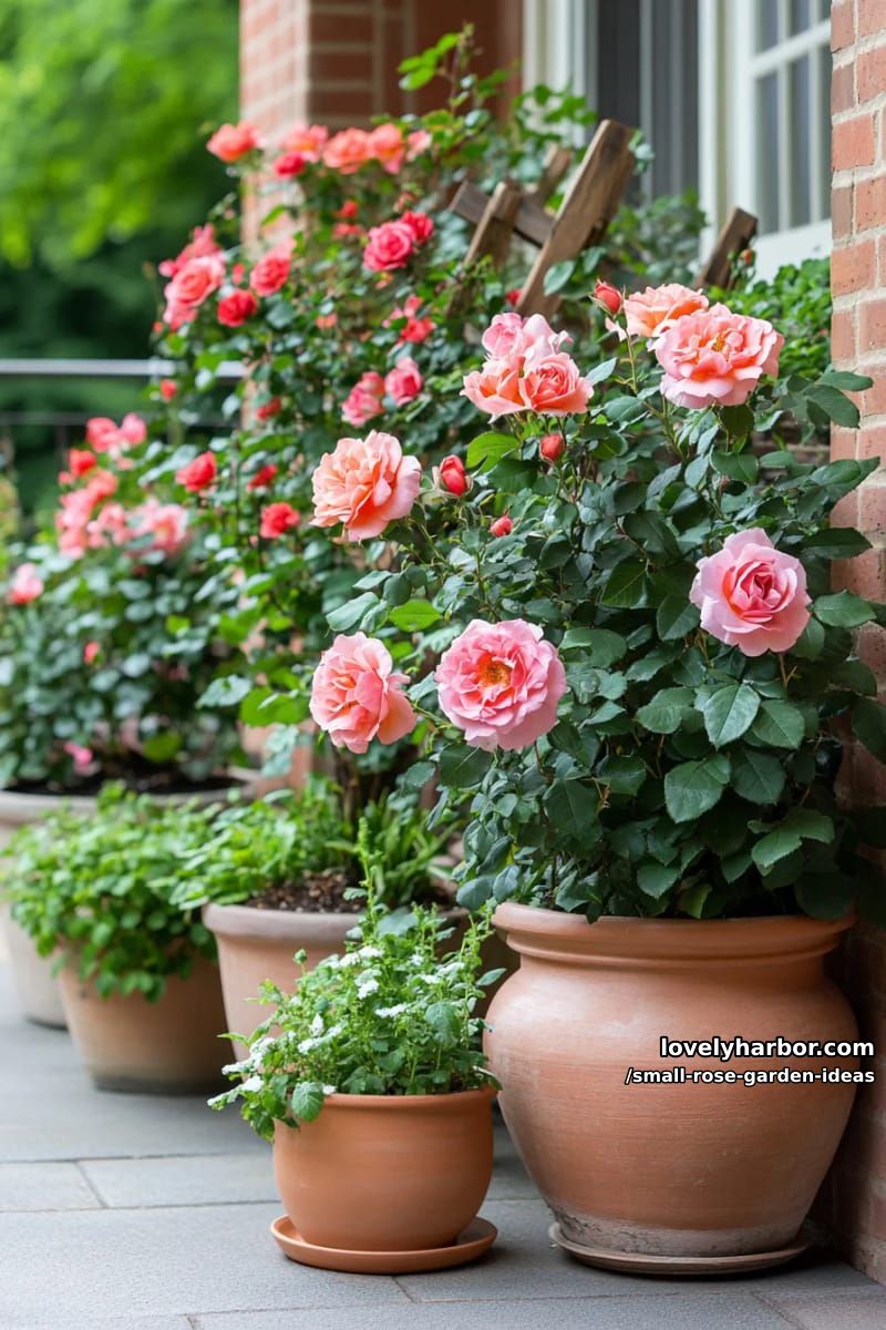 potted rose plants arranged outdoors on patios and terraces. 1