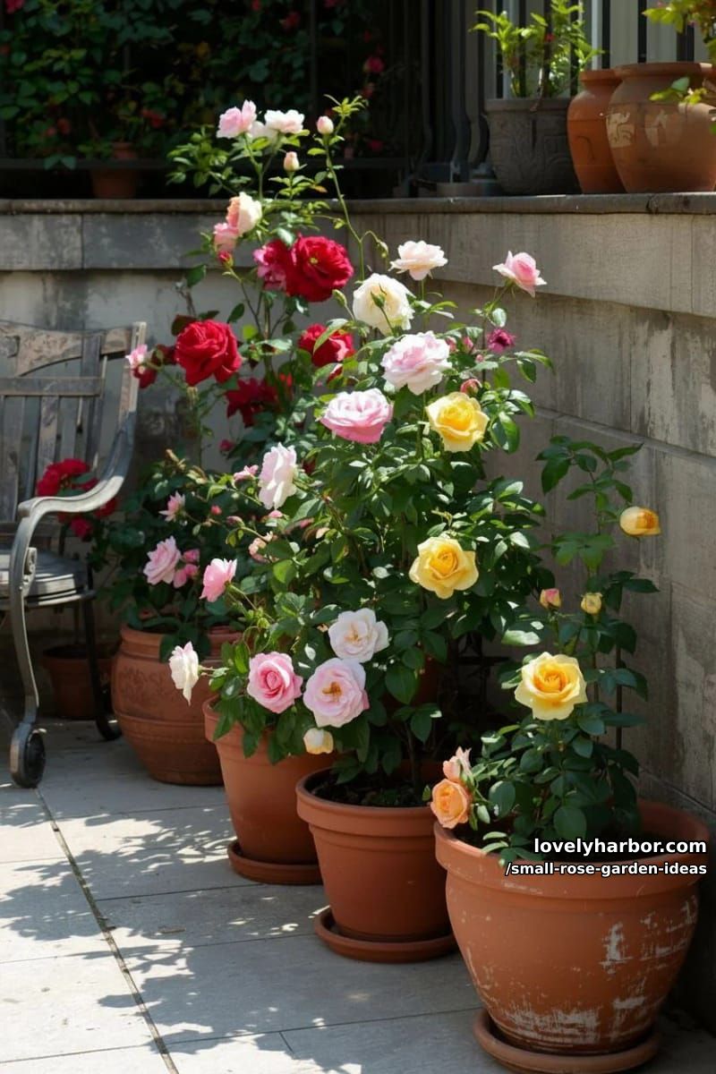 potted rose plants arranged outdoors on patios and terraces. 1