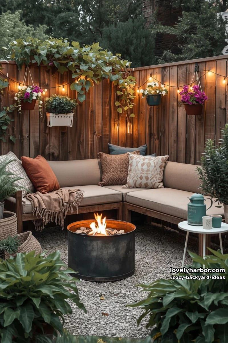 private patio corner with climbing plants, l-shaped bench, fire pit, and lights 1
