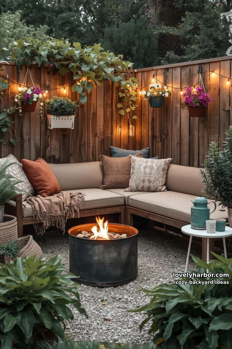 20 Cozy Backyard Ideas You Must Try 46 private patio corner with climbing plants, l-shaped bench, fire pit, and lights 1