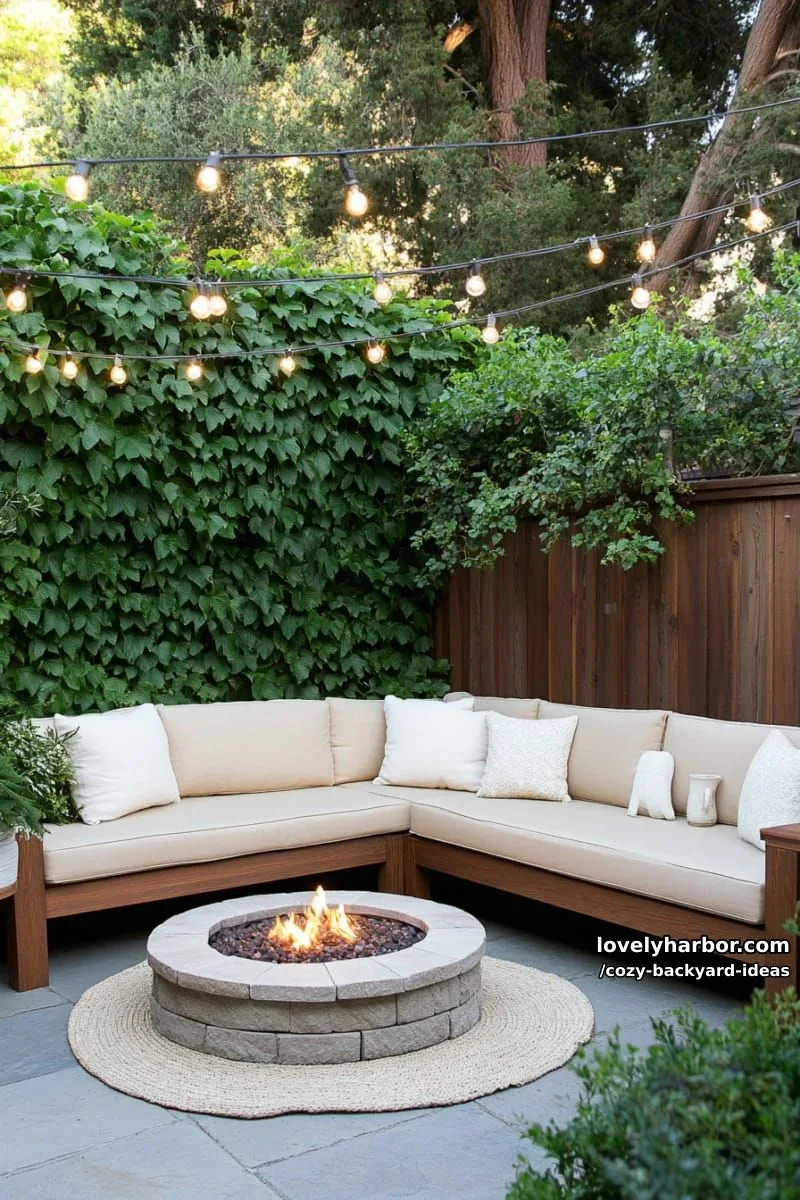 20 Cozy Backyard Ideas You Must Try 47 private patio corner with climbing plants, l-shaped bench, fire pit, and lights 1