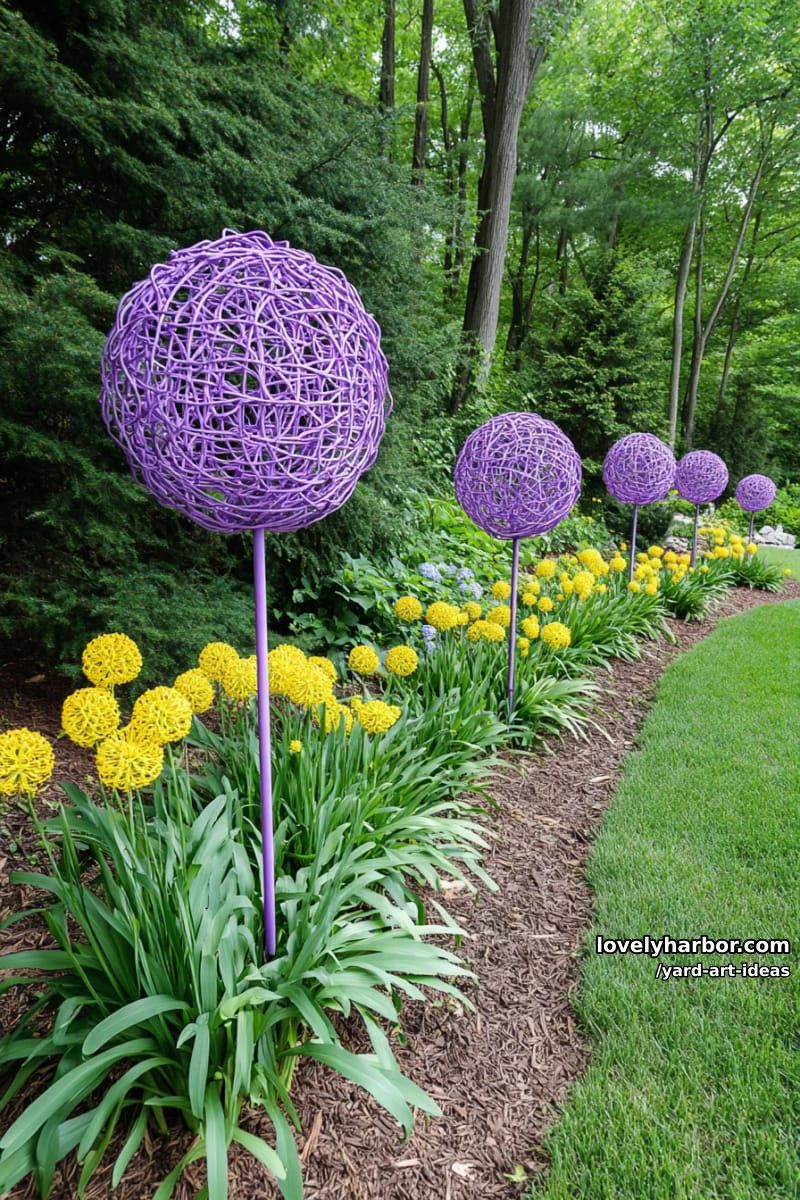 purple-painted chicken wire spheres as whimsical garden allium flowers. 1