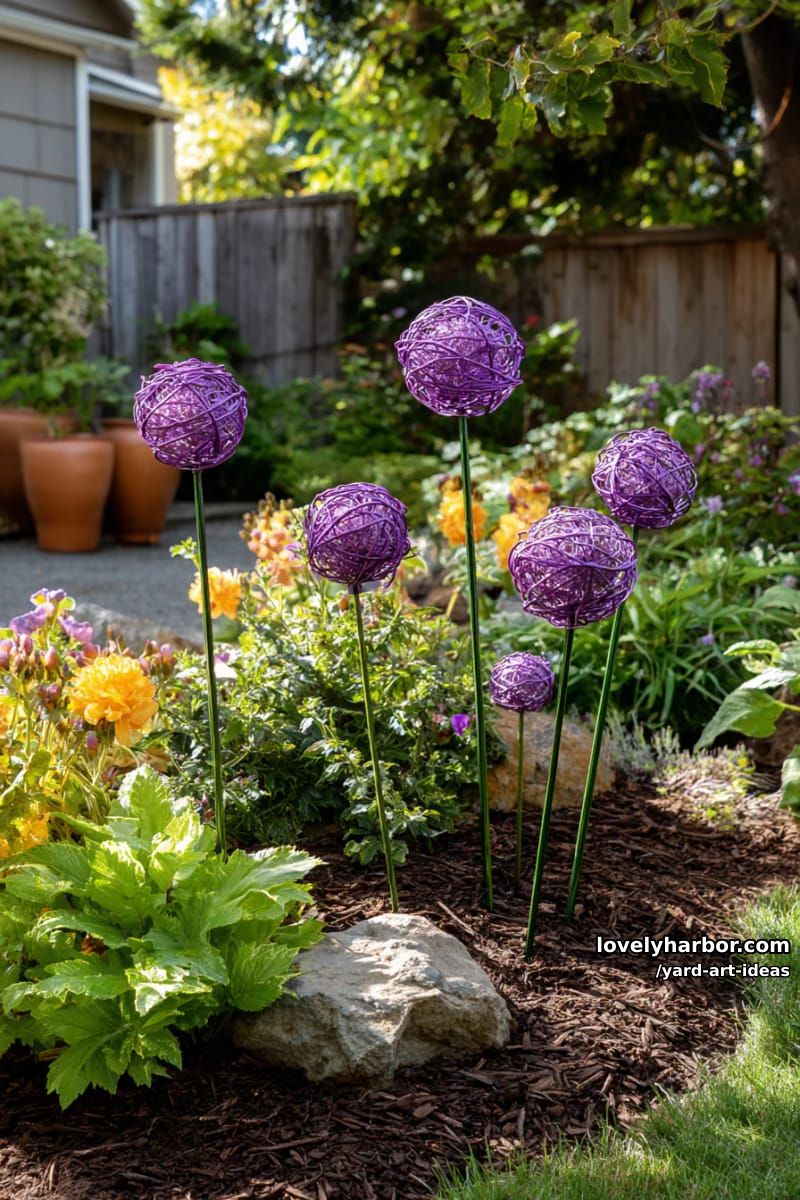 purple-painted chicken wire spheres as whimsical garden allium flowers. 1