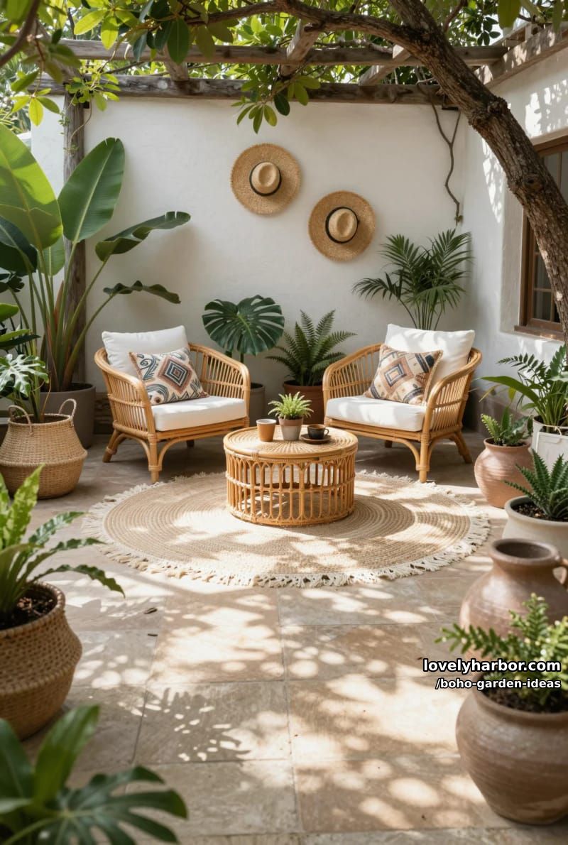 rattan armchairs on woven rugs, surrounded by leafy plants under pergola canopy. 1