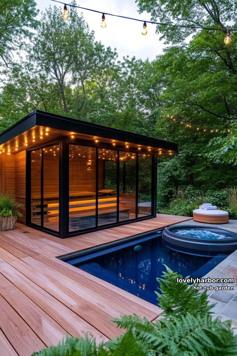 rectangular glass-walled sauna and plunge pool on wooden deck. 1