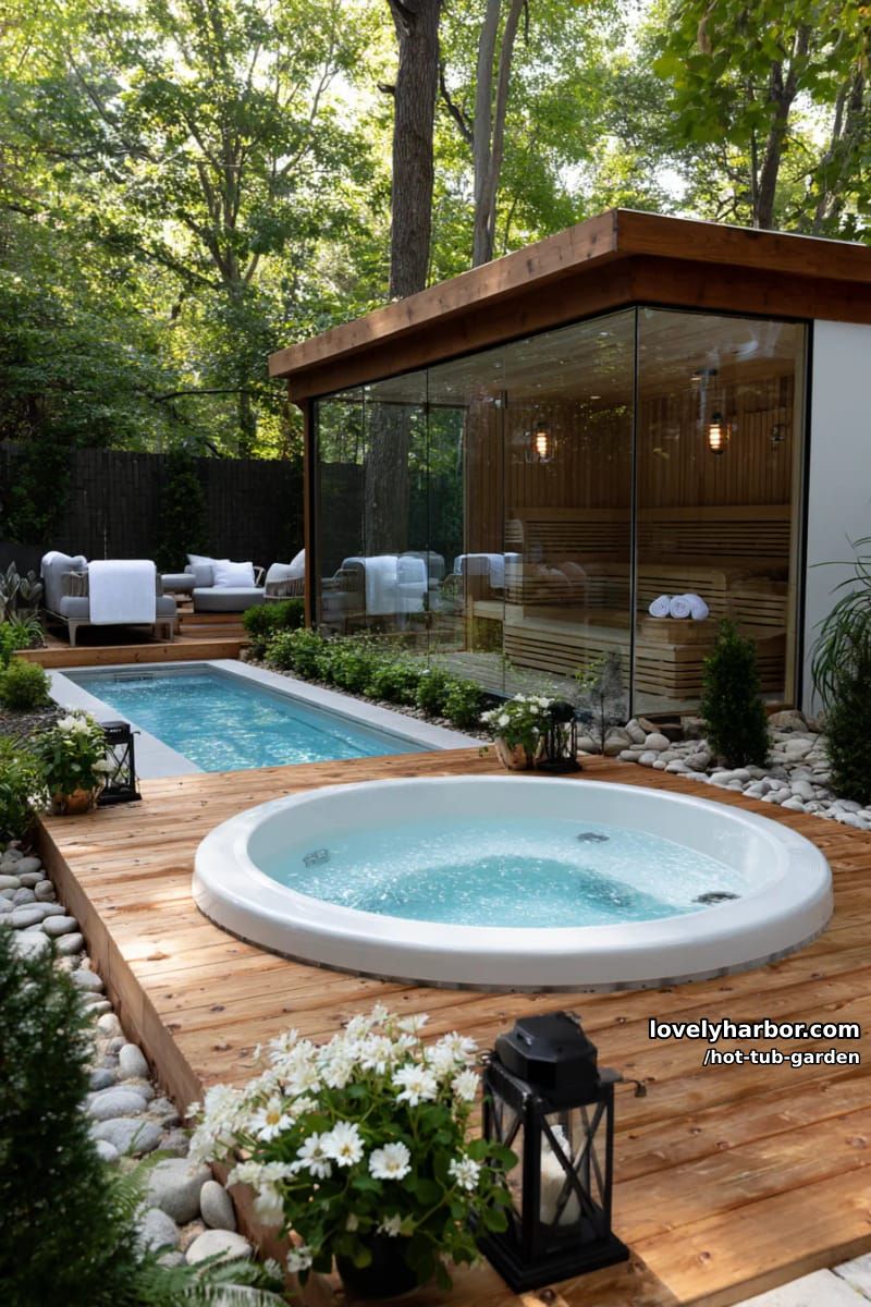 rectangular glass-walled sauna and plunge pool on wooden deck. 1
