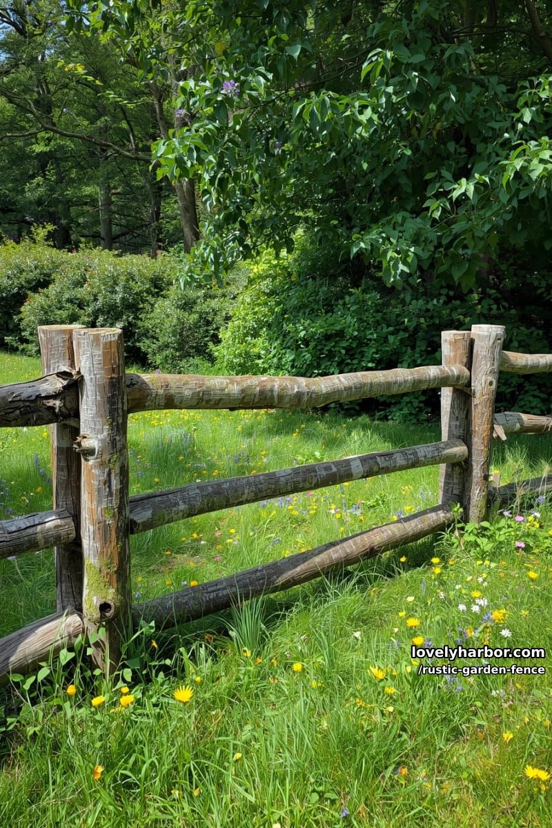 rectangular log and branch fence on grassy field with dense foliage. 1