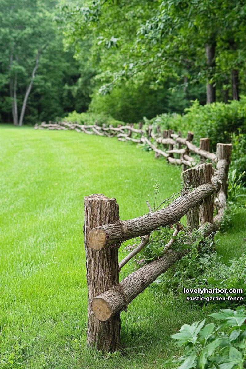 rectangular log and branch fence on grassy field with dense foliage. 1