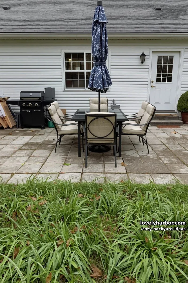 20 Cozy Backyard Ideas You Must Try 24 rectangular patio with concrete pavers, dining set, grill, and cluttered yard 1