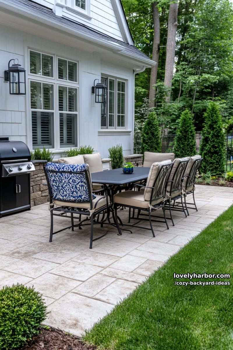 rectangular patio with concrete pavers, dining set, grill, and cluttered yard 1
