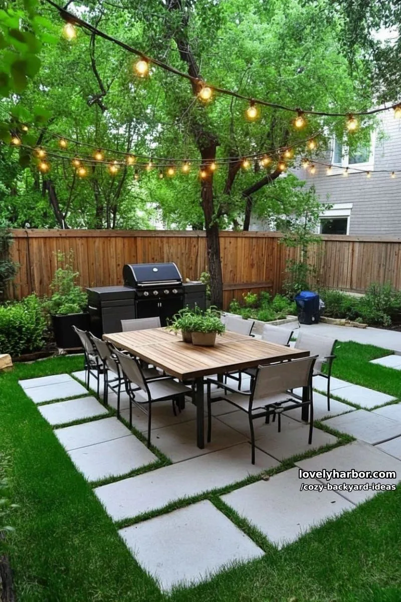 20 Cozy Backyard Ideas You Must Try 26 rectangular patio with concrete pavers, dining set, grill, and cluttered yard 1