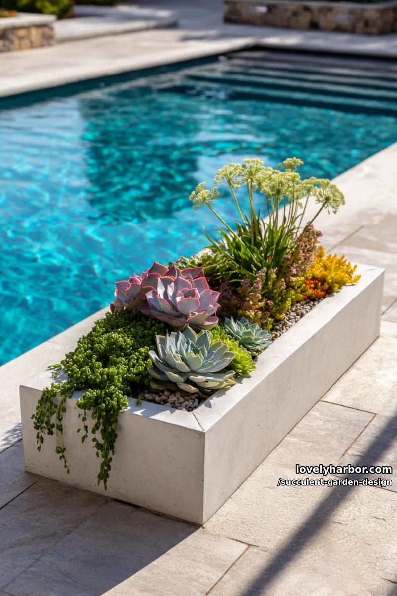 rectangular planter with colorful succulents by a poolside. 1