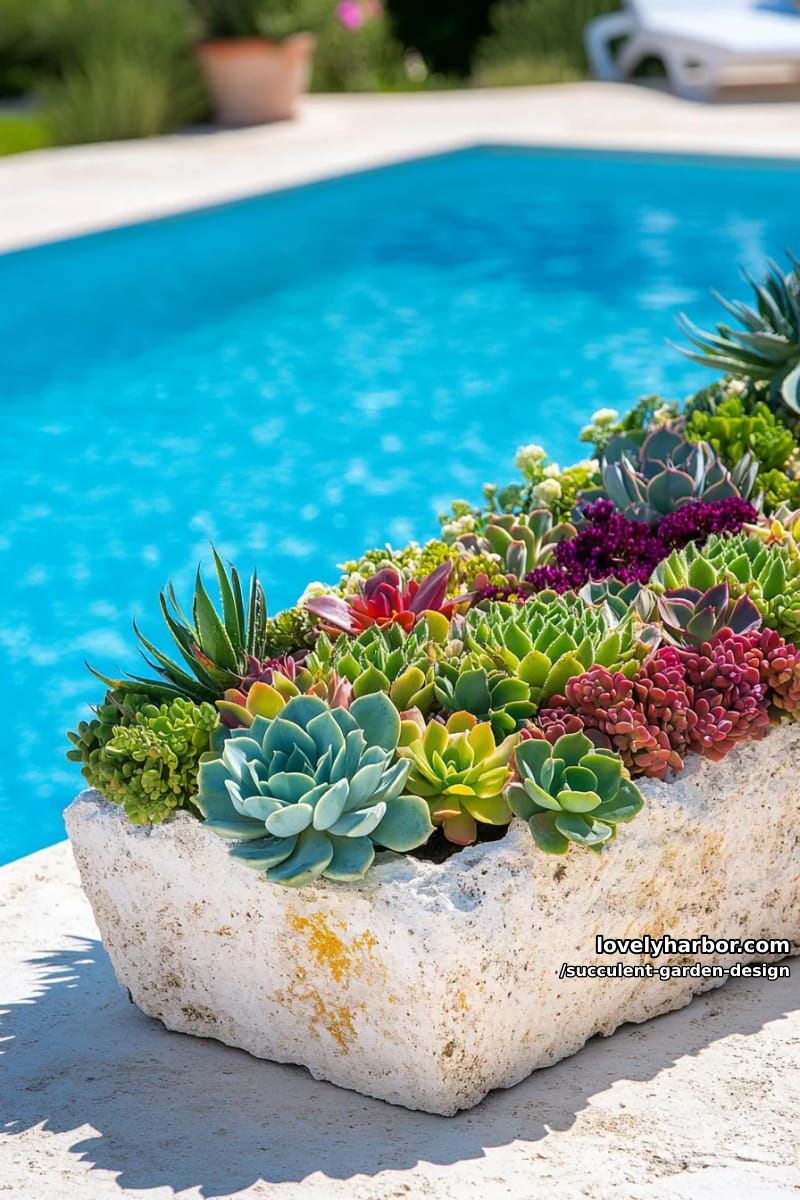 rectangular planter with colorful succulents by a poolside. 1