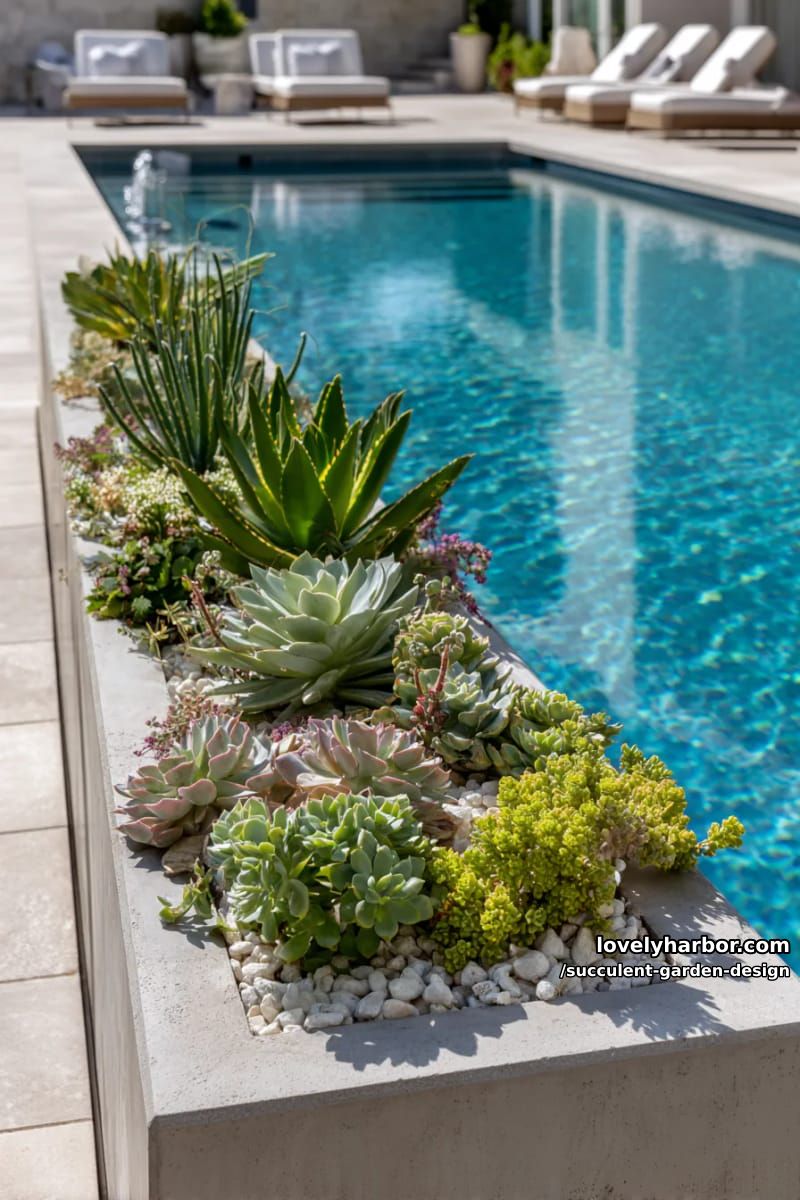 rectangular planter with colorful succulents by a poolside. 1