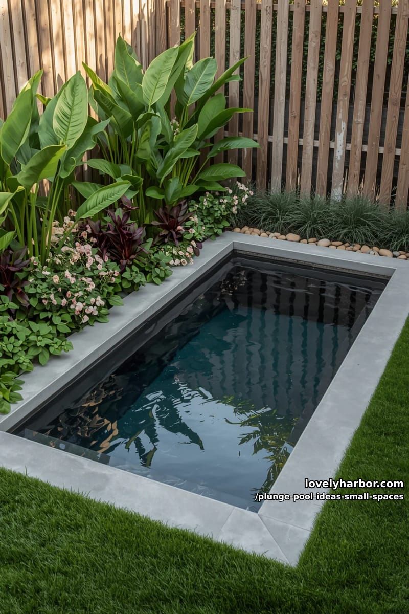 rectangular plunge pool, concrete border, wooden fence, hostas, and flowering plants. 1