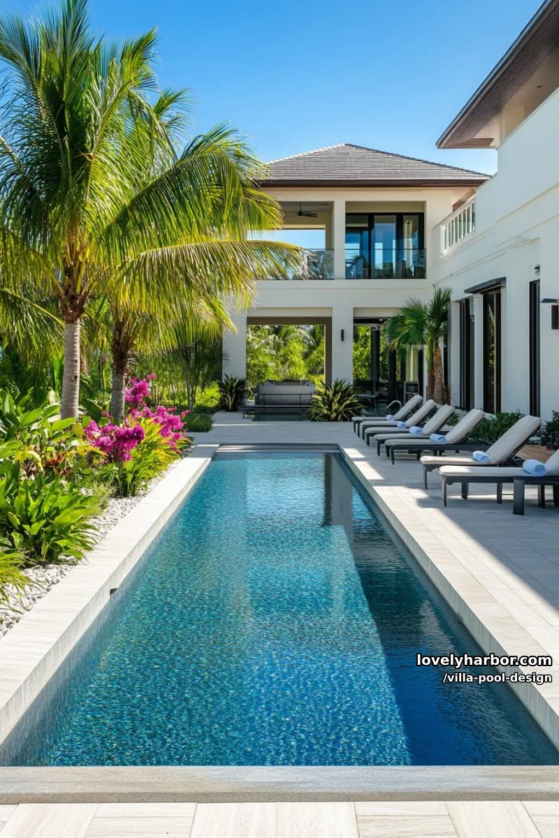 rectangular pool with geometric lines, gray deck, diagonal loungers, and lush borders. 1