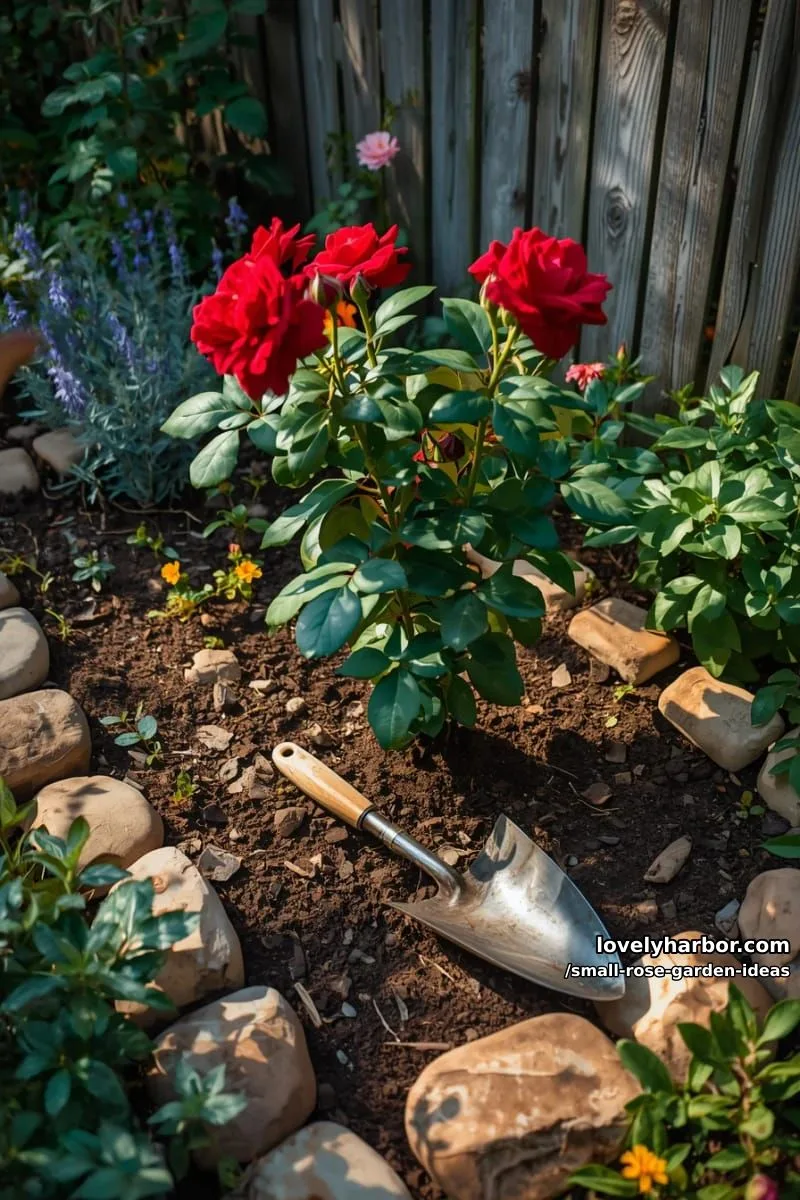 20 Chic Small Rose Garden Ideas for a Refreshing Outdoor Space 50 red rose bush with trowel in vibrant garden. 1