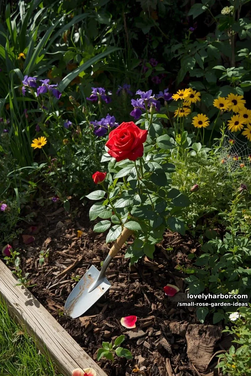 20 Chic Small Rose Garden Ideas for a Refreshing Outdoor Space 51 red rose bush with trowel in vibrant garden. 1