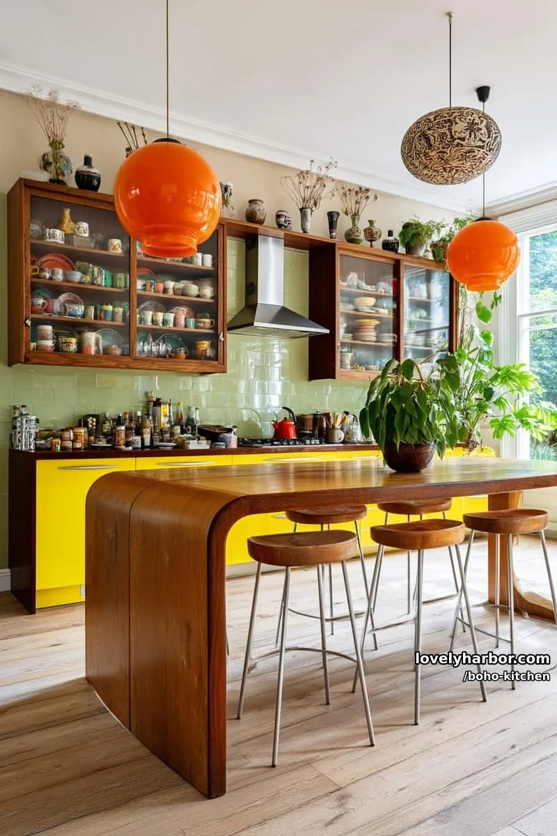 retro-inspired kitchen, yellow cabinets, wooden island, colorful dishes, orange pendant lights. 1