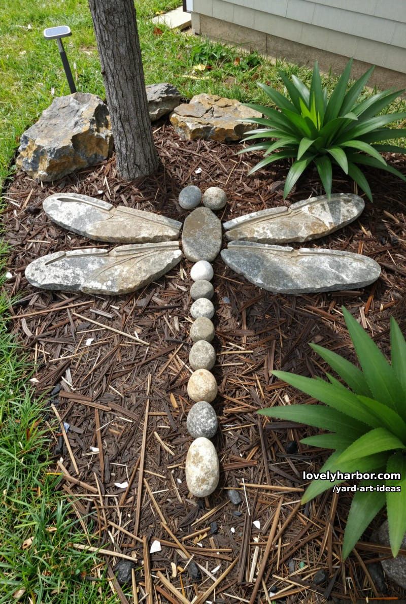 rock dragonfly garden art in a mulched bed with leafy plants. 1