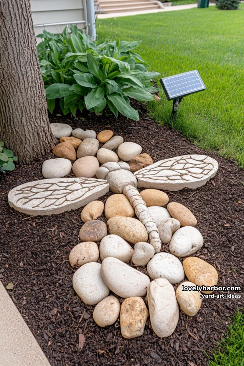 rock dragonfly garden art in a mulched bed with leafy plants. 1